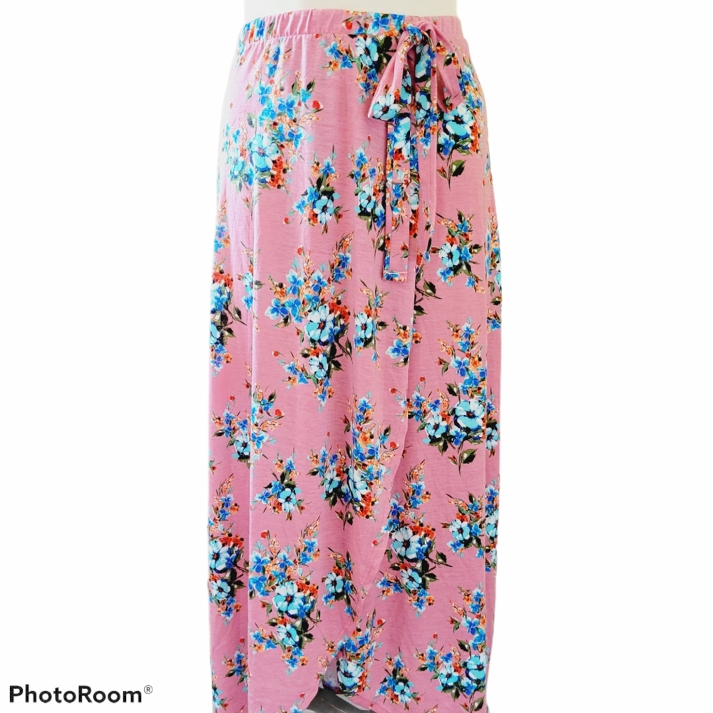 M.Fasis pink floral faux wrap skirt size small